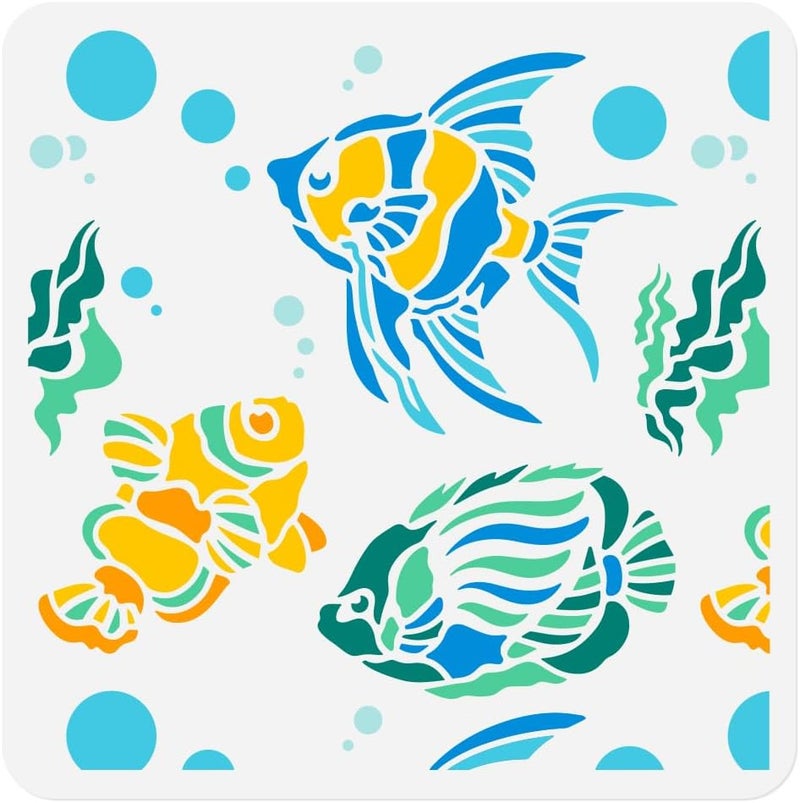 DOODLREAM Coral Fish Ocean Animal Stencil for Painting 11.8 x 11.8 Inch Reusable Plastic Fish Sea Animal Stencil for Painting on Wood Wall Fabric Furniture, DIY Home Decor Craft Stencil - Image 1